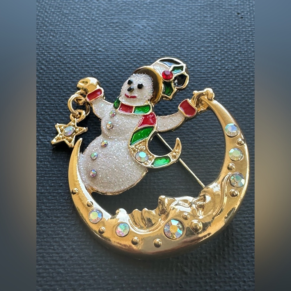 Snowman On Moon Brooch